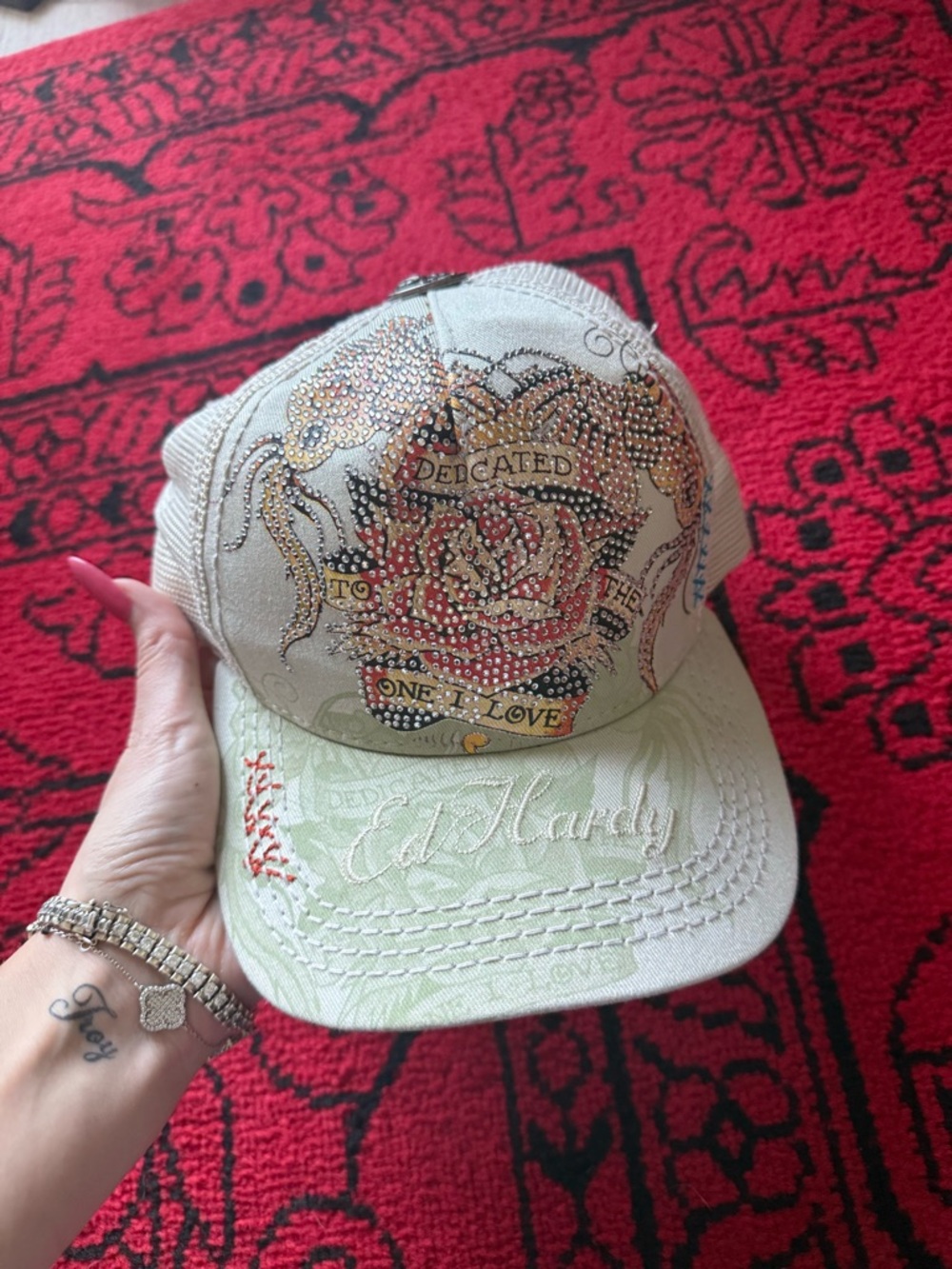 Ed Hardy Embellished Rose Trucker Hat - White/Cream with Gold & Pink Details